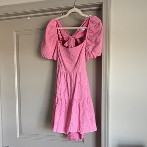 DO+BE Pink Puff Sleeve Eyelet Tie-Back Midi Dress